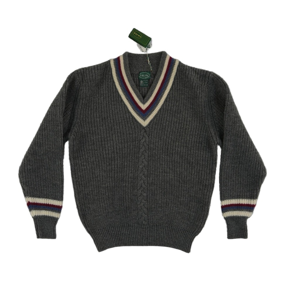 New Izod Cricket Sweater Men's Size Large Gray 100% Wool V Neck Striped Vintage